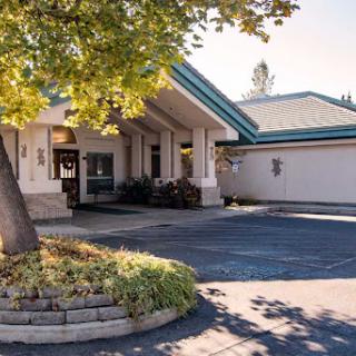 A welcoming entrance to a modern residential building surrounded by lush greenery.