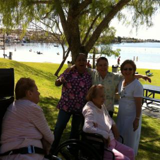 A family enjoying a sunny day at the park near a lake.