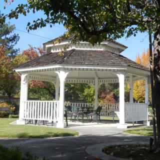 A white gazebo surrounded by trees in a park during autumn.