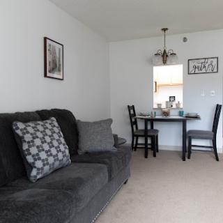 A cozy living space featuring a comfortable sofa and a dining area with elegant decor.