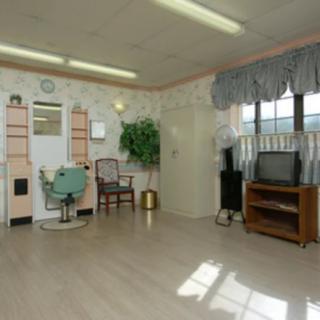 A vintage-style salon with pastel decor, featuring a barber chair and an old television.