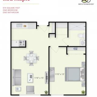One-bedroom apartment floor plan with living room, dining area, and open kitchen.