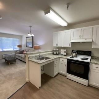 A modern open-layout apartment featuring a kitchen with white cabinets and a connected living room.