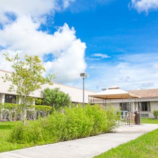 A modern building surrounded by lush greenery and a clear blue sky.