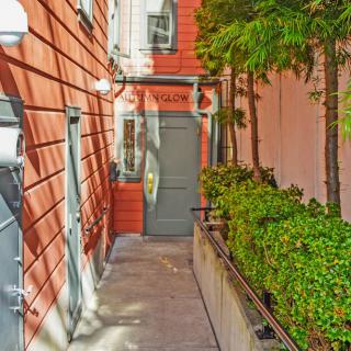 A narrow alley with a brick building wall, lined with plants and greenery.