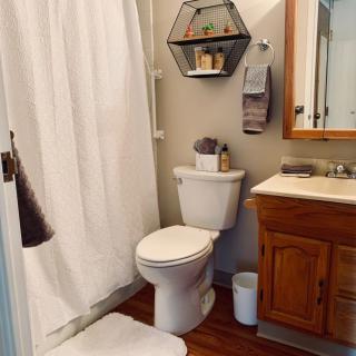 A cozy bathroom with a wooden vanity, toilet, and a shower area with a white curtain.