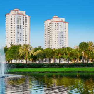 A scenic view of modern buildings beside a tranquil park with palm trees and a reflecting pond.
