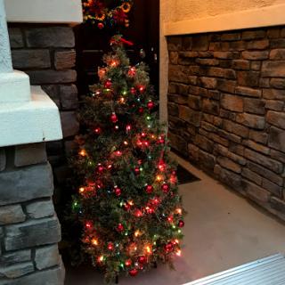 A beautifully decorated Christmas tree, adorned with lights and ornaments, positioned at the entrance.