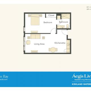 A floor plan depicting a single-bedroom apartment with a living area, kitchenette, and bathroom.