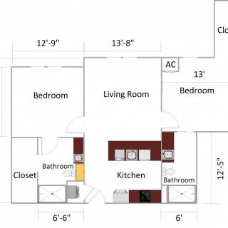 A floor plan of a two-bedroom apartment featuring a kitchen, living room, and two bathrooms.