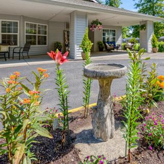 A well-maintained garden with a birdbath in front of a residential building.
