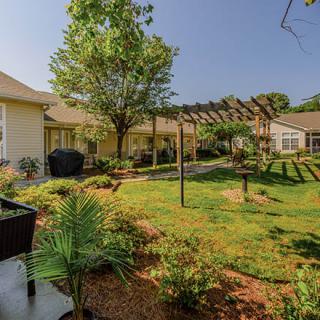A serene backyard garden with lush greenery and a wooden pergola.