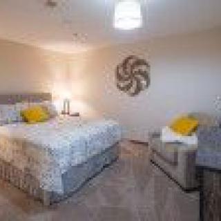 A cozy, modern bedroom with stylish decor and comfortable furnishings.