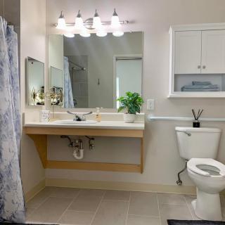 A modern bathroom with a large mirror, sink, toilet, and shower area.