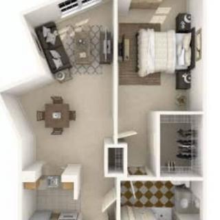 A 3D floor plan of a compact one-bedroom apartment featuring a living room, kitchen, dining area, and bedroom with an attached closet.