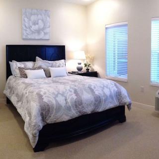 A cozy and elegantly decorated bedroom with a large bed, soft bedding, and natural light from the windows.