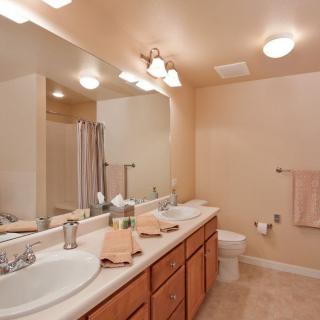 A spacious bathroom featuring a double sink vanity and modern fixtures.