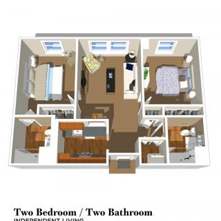 3D floor plan of a two-bedroom, two-bathroom apartment.