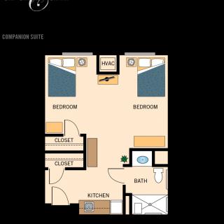 A floor plan of a two-bedroom apartment with a kitchen and bathroom.