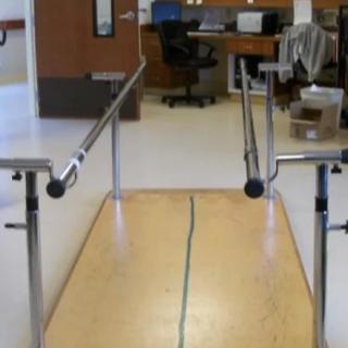 A set of parallel bars used for physical rehabilitation exercises in a facility.
