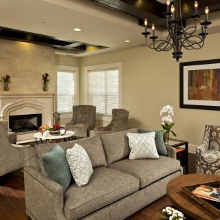 A cozy living room with elegant decor, featuring a sofa, chandelier, and fireplace.