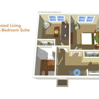 3D floor plan of an assisted living one-bedroom suite.
