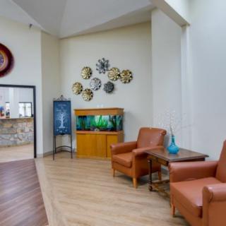 A cozy waiting area with comfortable chairs, wall art, and an aquarium.
