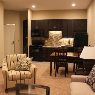A modern open-plan living room and kitchen with comfortable furniture.