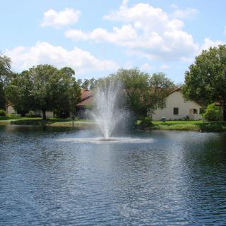 A tranquil lake with a central fountain surrounded by houses and trees under a partly cloudy sky.