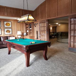 A cozy game room featuring a pool table, leather sofa, and wood paneling.