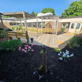 A serene garden space featuring colorful flowers and a wooden pergola under a clear blue sky.
