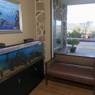 A cozy waiting area with an aquarium and a window view.