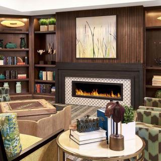 A cozy living room with a fireplace, surrounded by bookshelves and elegant decor.