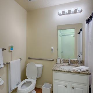 A well-lit bathroom featuring a toilet, sink, mirror, and shower.