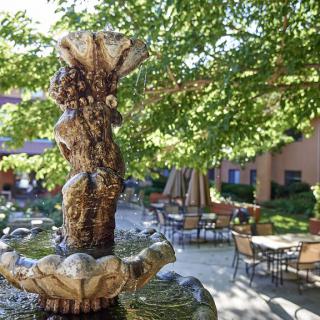 A serene outdoor patio area with a decorative fountain surrounded by tables and chairs, shaded by leafy trees.