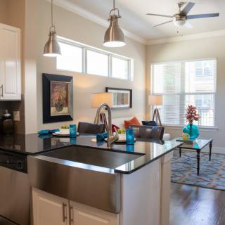 A modern open-concept kitchen and living area with natural lighting and stylish decor.