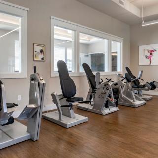 A modern gym with exercise machines lined up against the wall.