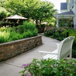 A serene garden with a winding pathway, surrounded by lush greenery and outdoor seating.