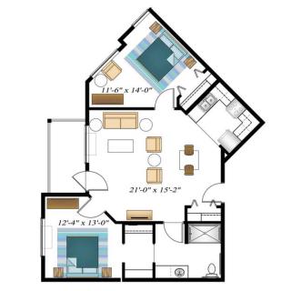A detailed floor plan of a residential apartment showcasing rooms and furniture arrangement.