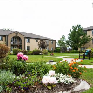 A scenic view of a garden with vibrant flowers and surrounding apartment buildings.