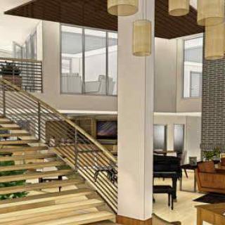 A modern interior featuring a stylish staircase and contemporary living space.