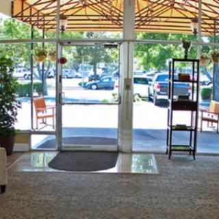 A bright entrance area with glass doors leading to a parking lot, featuring indoor plants and shelving.