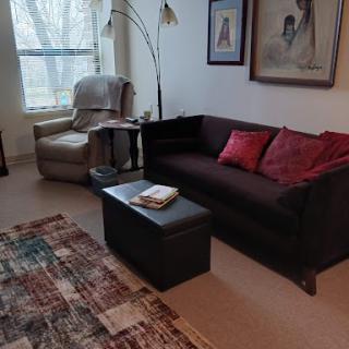 A cozy living room featuring a dark sofa with red pillows, an armchair, and a stylish coffee table.