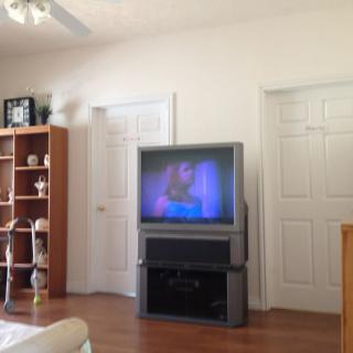 A living room with a large television, bookshelf, and wooden flooring.