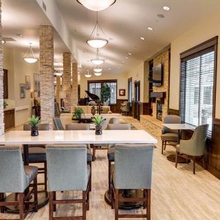 A modern lounge and dining area featuring elegant furniture, stylish lighting, and decorative indoor plants.