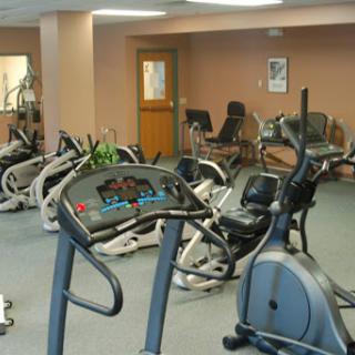 A view of a fitness gym featuring various exercise equipment.