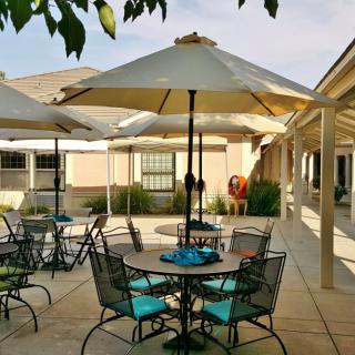 A sunny courtyard with tables and chairs under large umbrellas.