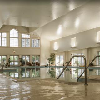 A luxurious indoor swimming pool with elegant architecture and ample natural light.