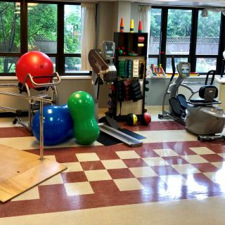 A well-equipped fitness room featuring exercise machines, yoga balls, and other workout equipment.