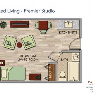 Floor plan of an assisted living premier studio featuring a combined bedroom and living room area, a kitchenette, and a bathroom.